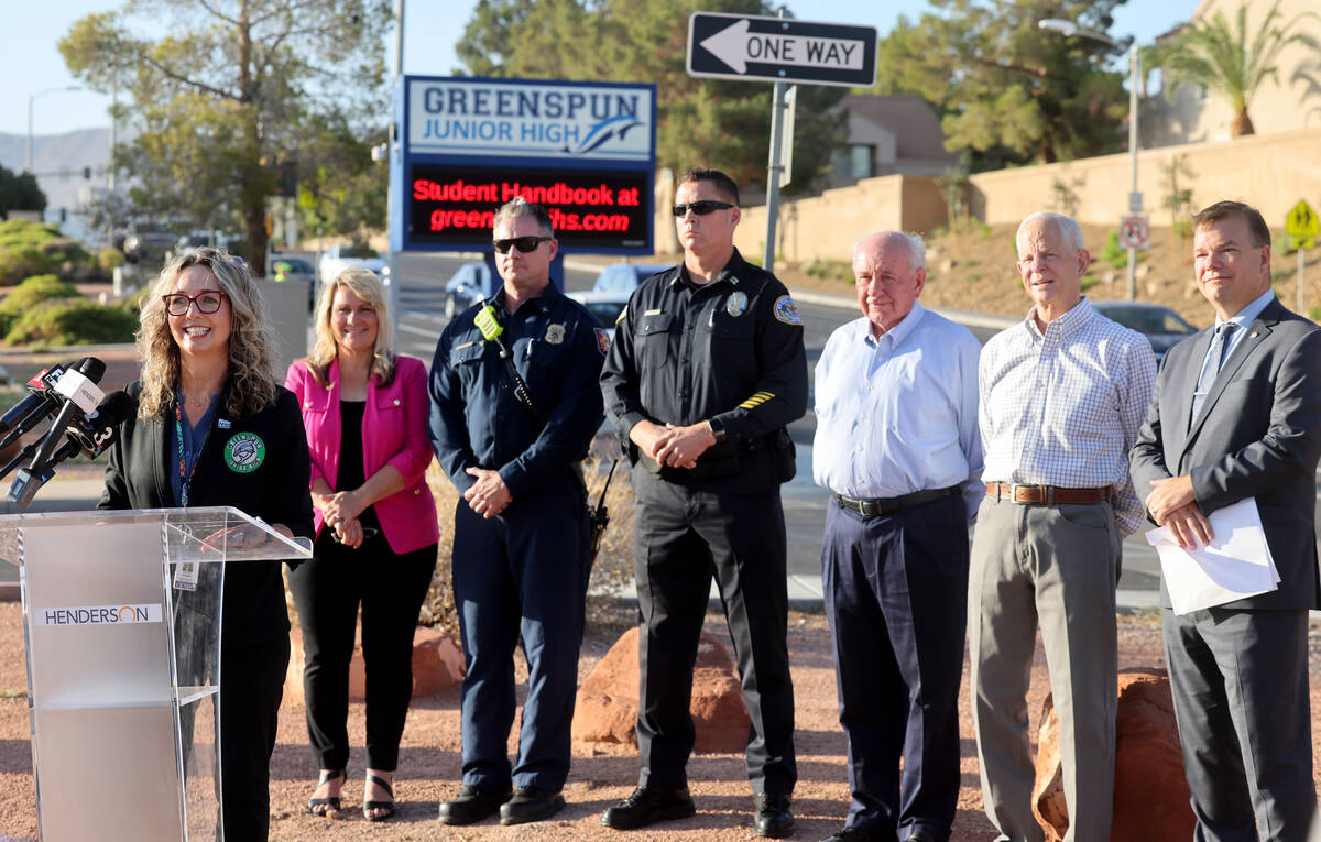 Greenspun Junior High School Assistant Principal Katja Hermes speaks about crossing guards duri ...