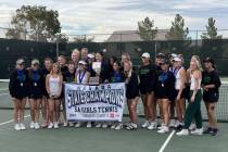 The Palo Verde girls tennis teams celebrates its Class 5A state title Friday, Oct. 13, 2023, at ...