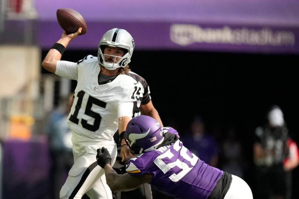 Las Vegas Raiders quarterback Gardner Minshew II (15) throws a pass as he is pressured by Minne ...