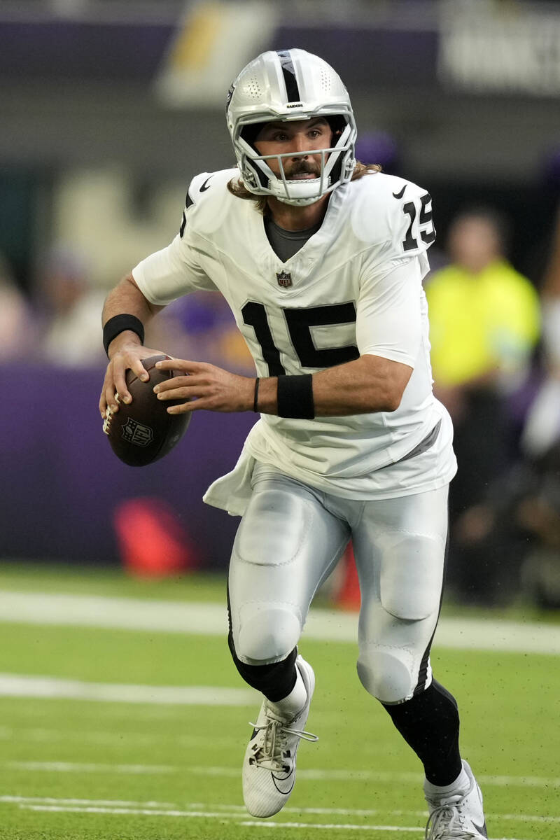 Las Vegas Raiders quarterback Gardner Minshew II (15) looks to pass during the first half of an ...