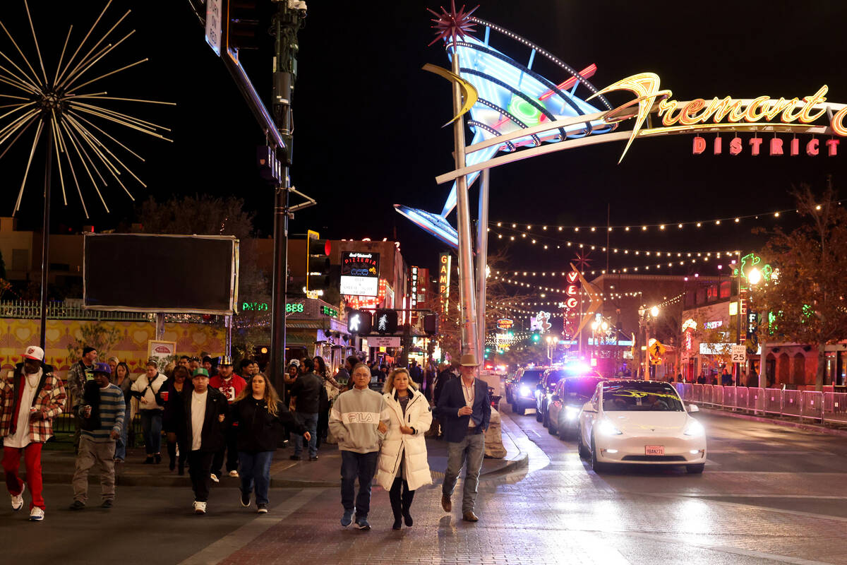 New Year’s Eve at Fremont East in downtown Las Vegas in Las Vegas Sunday, Dec. 31, 2023. (K.M ...