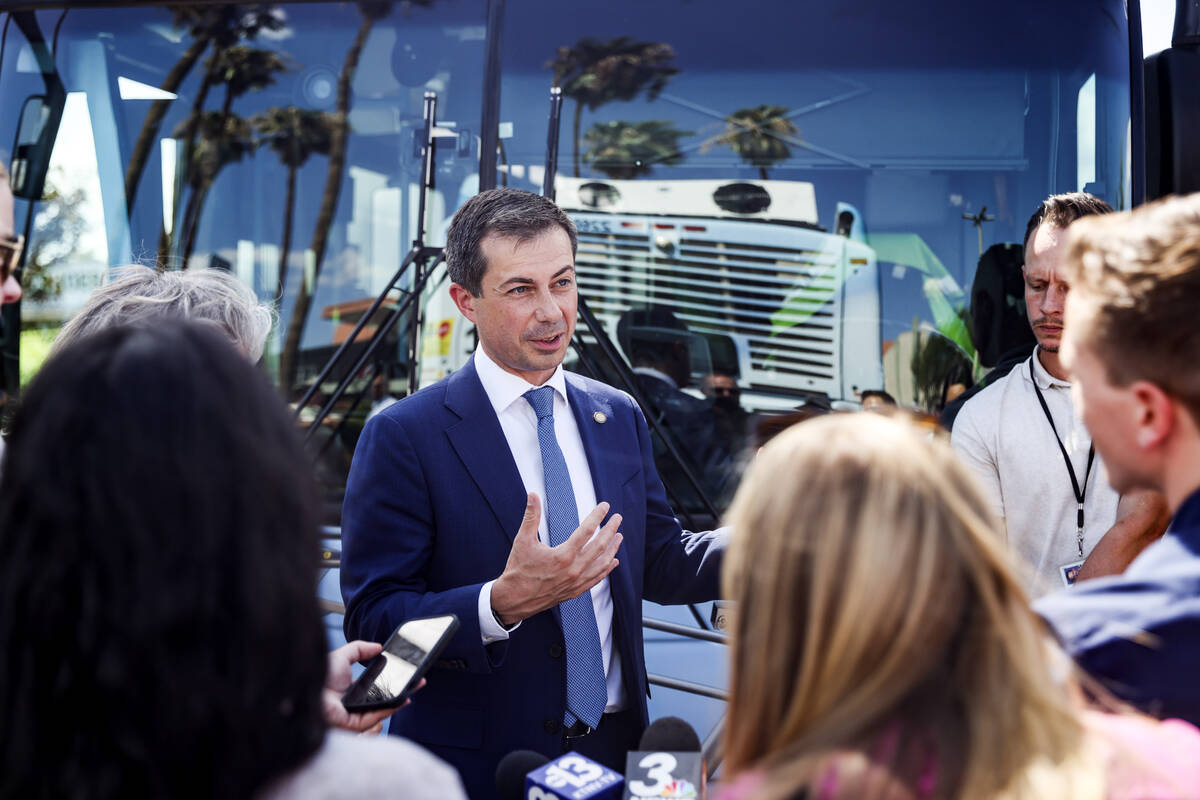 Secretary of Transportation Pete Buttigieg addresses media following an event to celebrate the ...