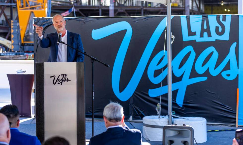 LVCVA President and CEO Steve Hill speaks during a topping-off ceremony for the Phase 3 renovat ...