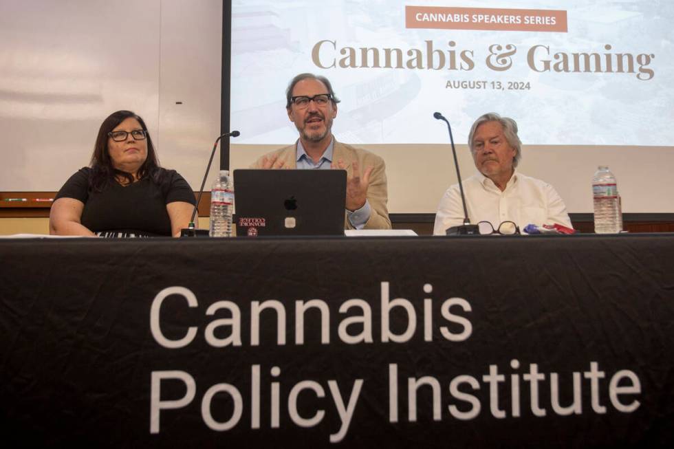 From left: gaming law expert Jennifer Roberts, cannabis attorney Bob Hoban, and Clark County Co ...