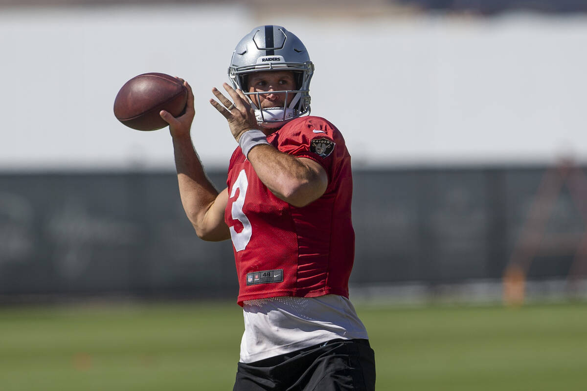 Raiders quarterback Nathan Peterman (3) throws during a practice session at the Raiders Headqua ...