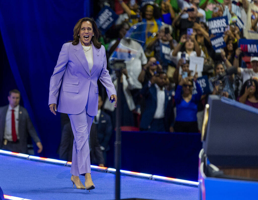 Vice President Kamala Harris arrives on stage during a campaign rally at UNLV’s Thomas & ...