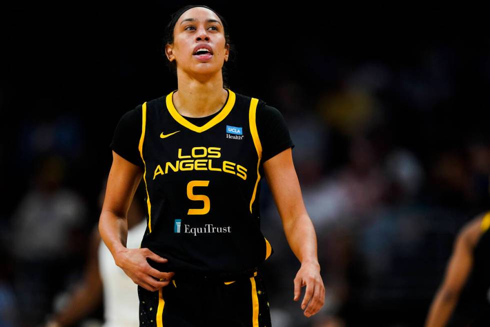 Los Angeles Sparks forward Dearica Hamby (5) reacts against the Las Vegas Aces during the first ...