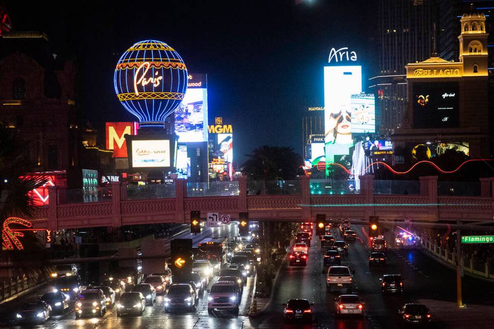 Traffic is backed up on on the Strip near Bally's and the Bellagio hotel-casino on July 10, 202 ...