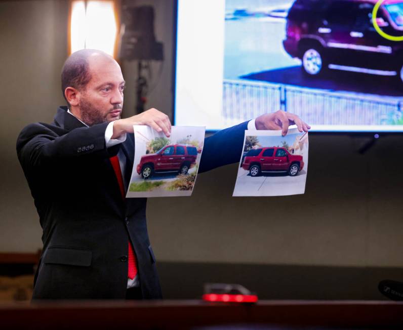 Chief Deputy District Attorney Christopher Hamner show the jury similarities between the suspec ...