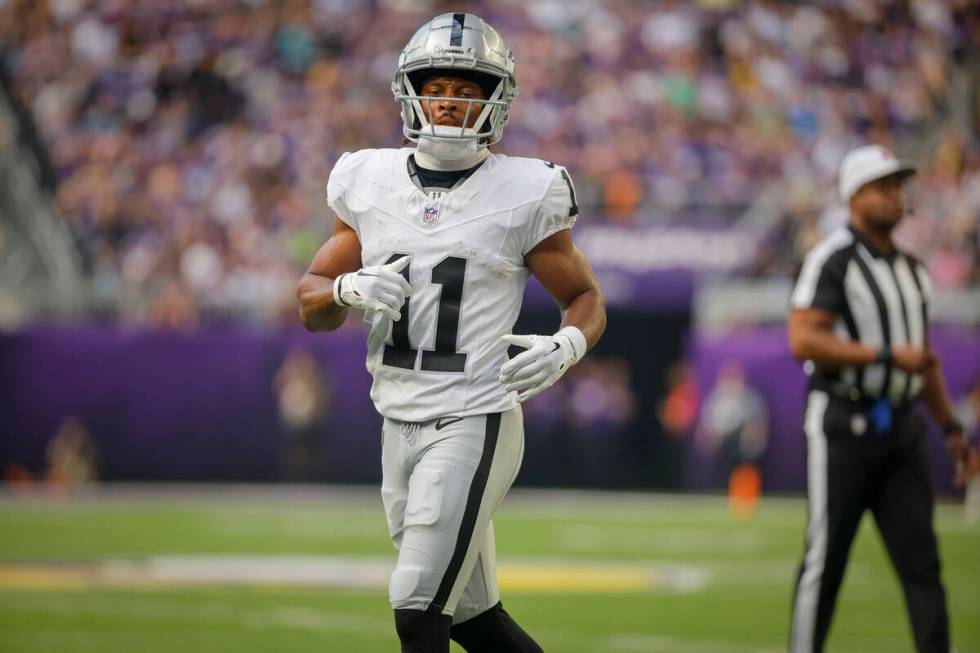 Las Vegas Raiders wide receiver Tre Tucker (11) prepares for a play against the Minnesota Vikin ...