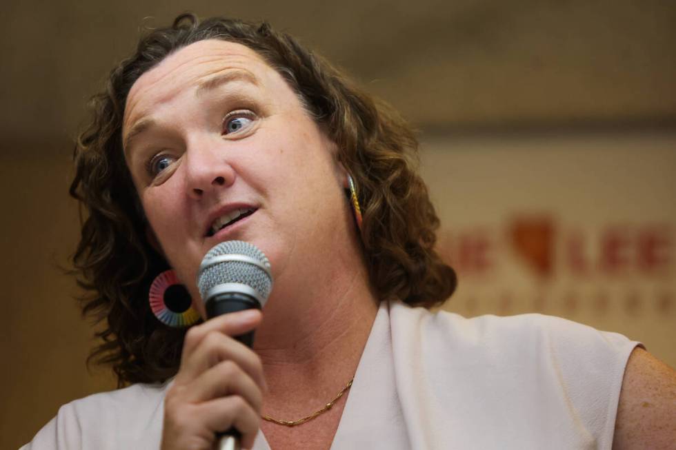 Rep. Katie Porter, D-Calif., speaks to a crowd during a small rally hosted by Rep. Susie Lee, D ...