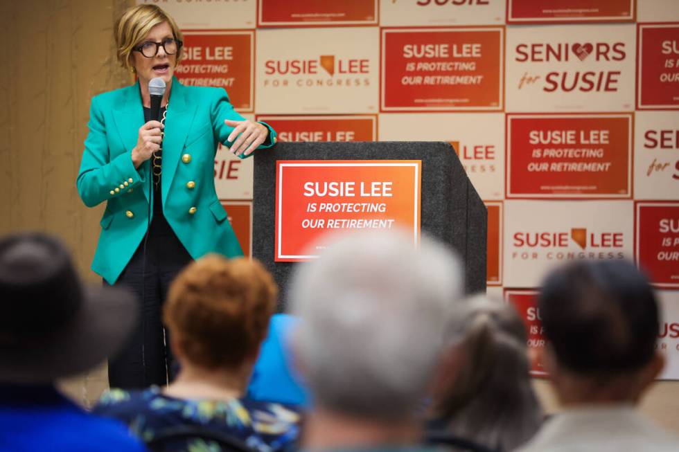 Rep. Susie Lee, D-Nev., speaks to a crowd during a small rally hosted by Lee and End Citizens U ...