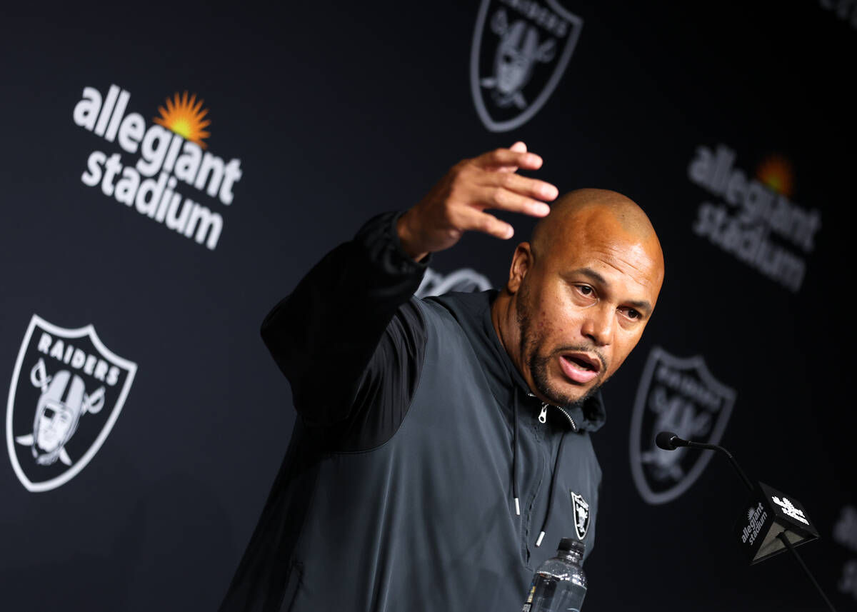 Raiders head coach Antonio Pierce speaks during a news conference before an NFL football practi ...