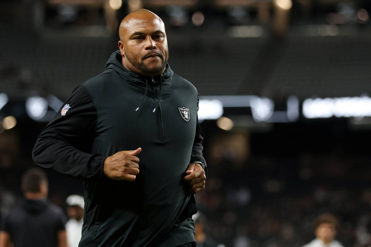 Raiders head coach Antonio Pierce leaves the field after an NFL football practice at Allegiant ...