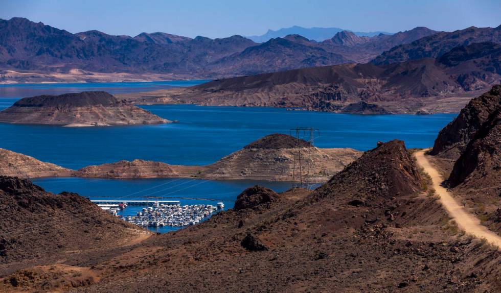 The Lake Mead Marina is in view from the Hoover Dam Lodge Trailhead within the Lake Mead Nation ...