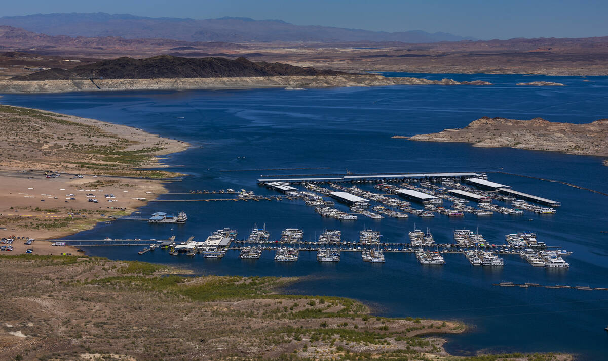 The Lake Mead Marina on Lake Mead in view from the Hoover Dam Lodge Trailhead as new projection ...