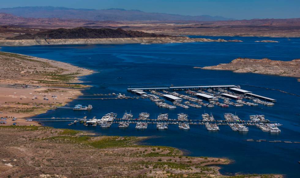 The Lake Mead Marina on Lake Mead in view from the Hoover Dam Lodge Trailhead as new projection ...