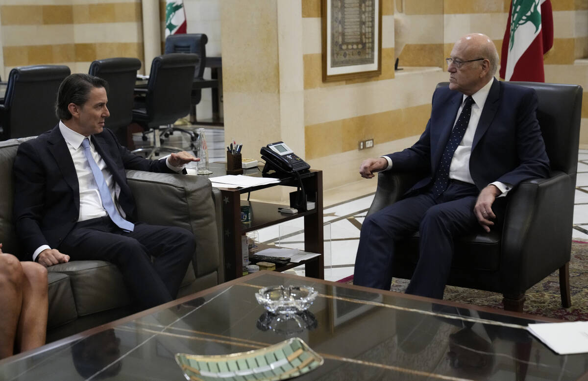 Senior Advisor to U.S. President Joe Biden Amos Hochstein, left, meets with Lebanese caretaker ...