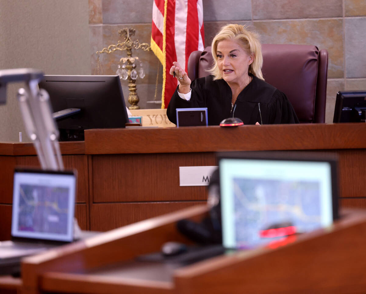 District Judge Michelle Leavitt welcomes the parties at the start of the fourth day of the murd ...