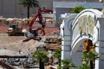 Demolition work continues near the Mirage volcano, on Wednesday, Aug. 14, 2024, in Las Vegas. ( ...