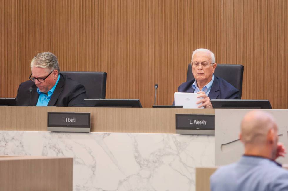 Mike Newcomb, left, and J. Tito Tiberti are seen during a Las Vegas Stadium Authority meeting a ...