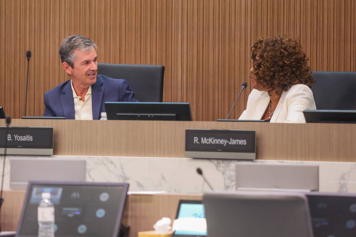 Bob Yosaitis, left, and Rose McKinney-James speak to each other at a Las Vegas Stadium Authorit ...