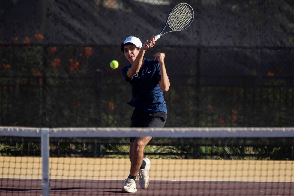 The Meadows senior Ryan Zahri competes during the tennis matches against Faith Lutheran at Fait ...