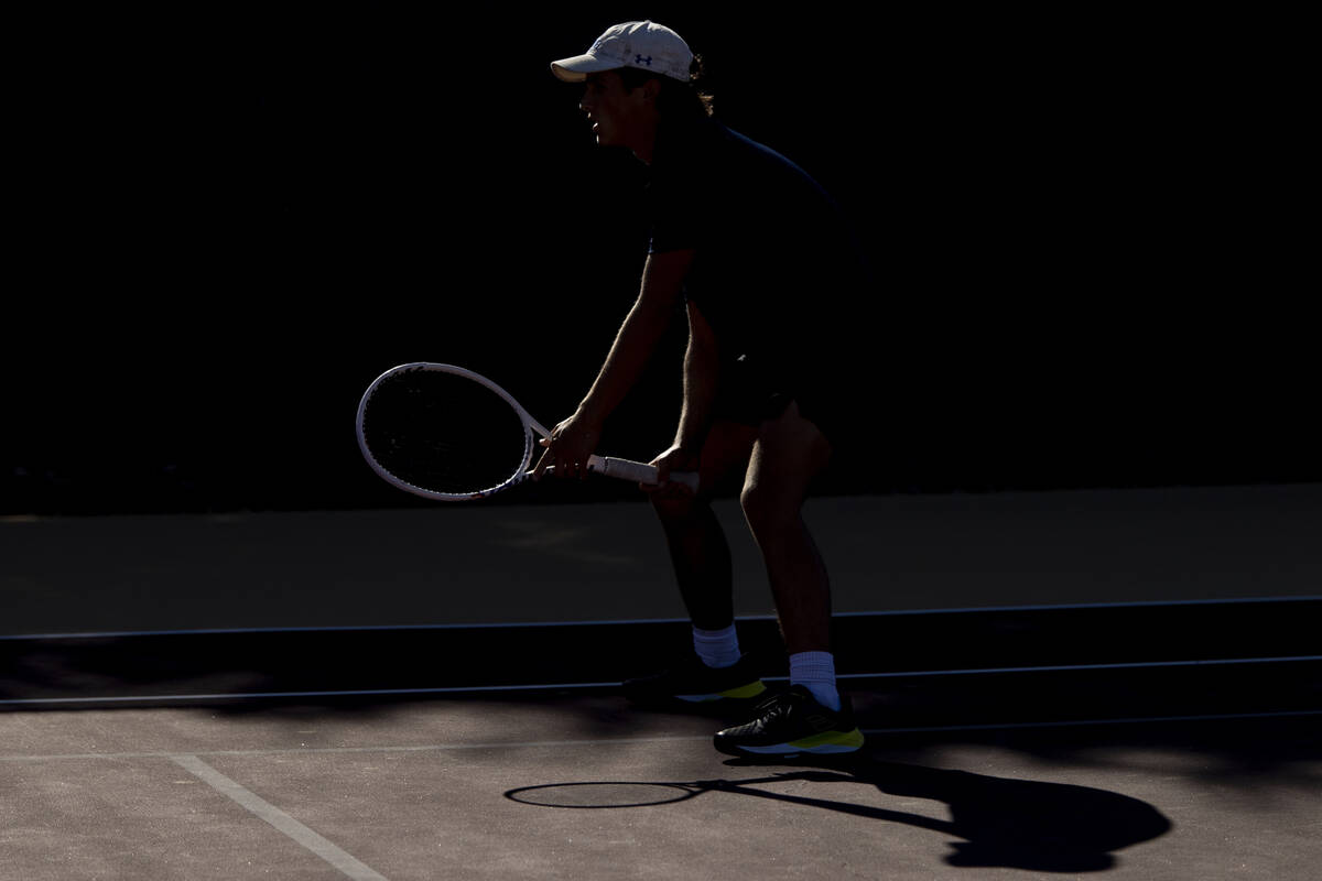 The Meadows freshman Jacob Garber competes during the tennis matches against Faith Lutheran at ...