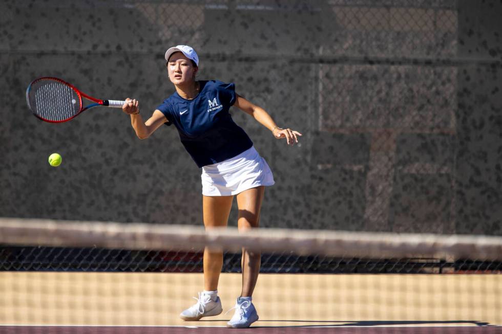 The Meadows senior Sophia Yang competes during the tennis matches against Faith Lutheran at Fai ...