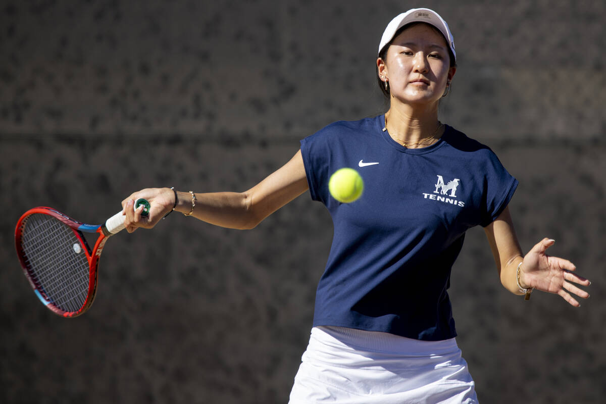 The Meadows senior Sophia Yang competes during the tennis matches against Faith Lutheran at Fai ...