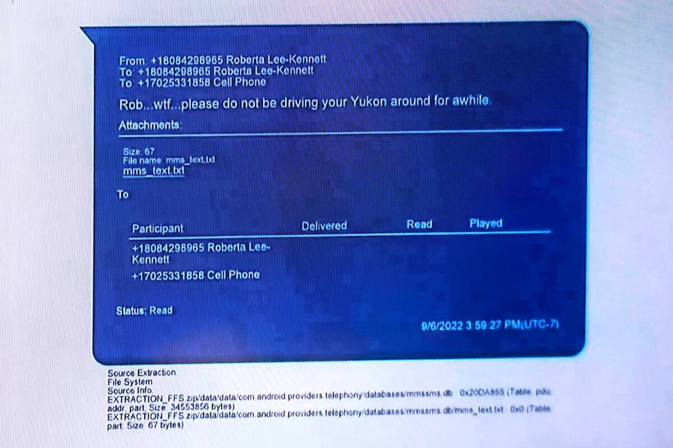 A text message to Robert Telles from his employee Roberta Lee-Kennett is shown on the fifth day ...