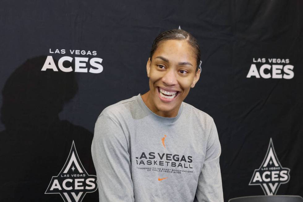 Las Vegas Aces center A’ja Wilson reacts to a question during a press conference followi ...