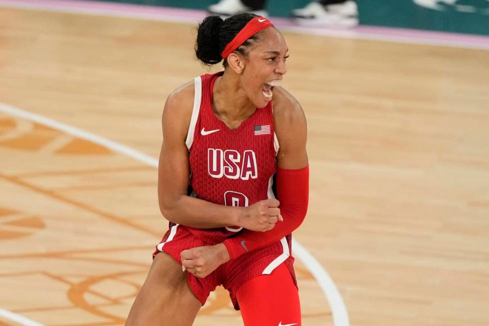 United States' A'ja Wilson (9) reacts during a women's gold medal basketball game at Bercy Aren ...