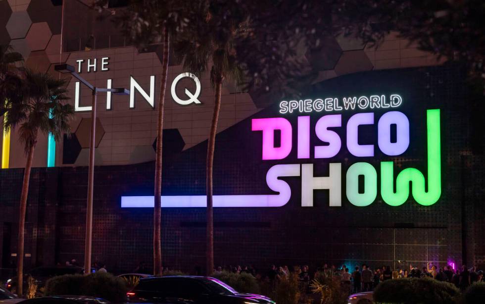 The sign for "DiscoShow" at Linq Hotel is lit up for the first time on Tuesday, Aug. 13, 2024. ...