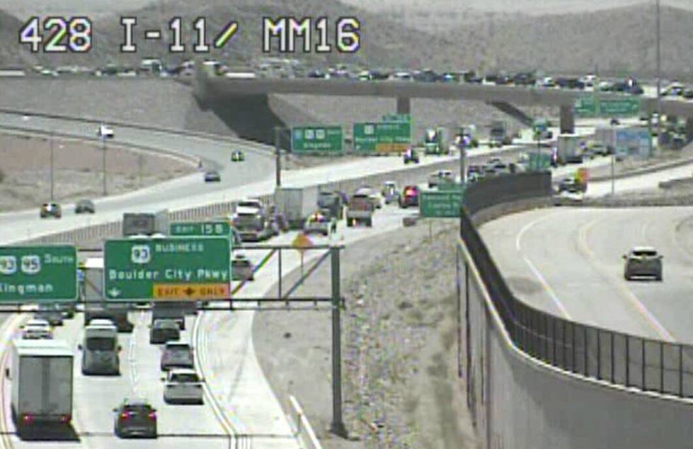 Southbound Interstate 11 traffic is snarled near Boulder City on Friday, Aug. 16, 2024. (RTC)