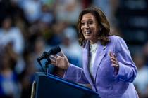 Vice President Kamala Harris speaks to supporters during a campaign rally at UNLV’s Thom ...