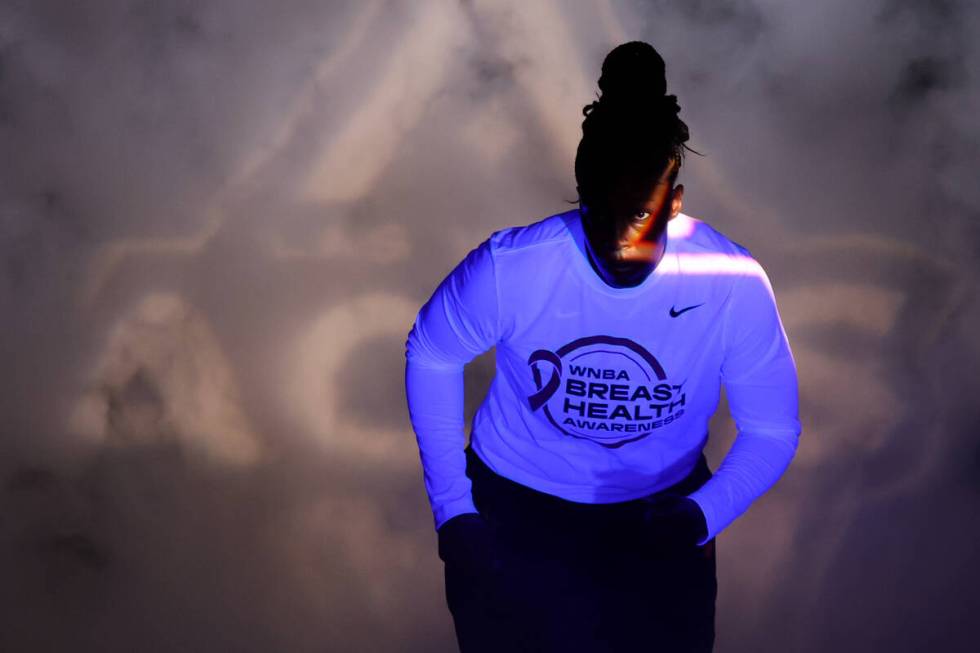 Las Vegas Aces guard Chelsea Gray takes the court for a WNBA basketball game against the New Yo ...