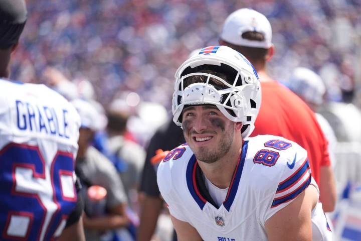 Buffalo Bills tight end Dalton Kincaid looks on during the first half of an preseason NFL footb ...