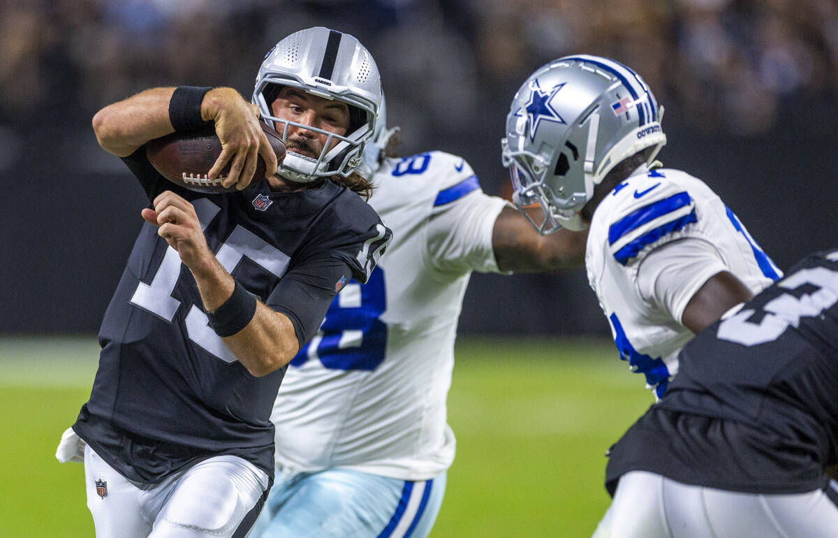 Raiders quarterback Gardner Minshew (15) looks for a yards on the run against the Dallas Cowboy ...