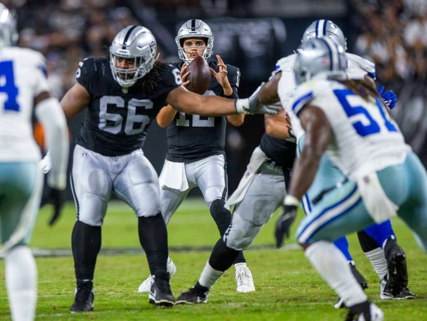 Raiders quarterback Aidan O'Connell (12) receives a snap against the Dallas Cowboys during the ...