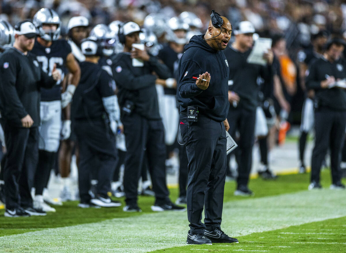 Raiders head coach Antonio Pierce is a bit frustrated on the sidelines against the Dallas Cowbo ...