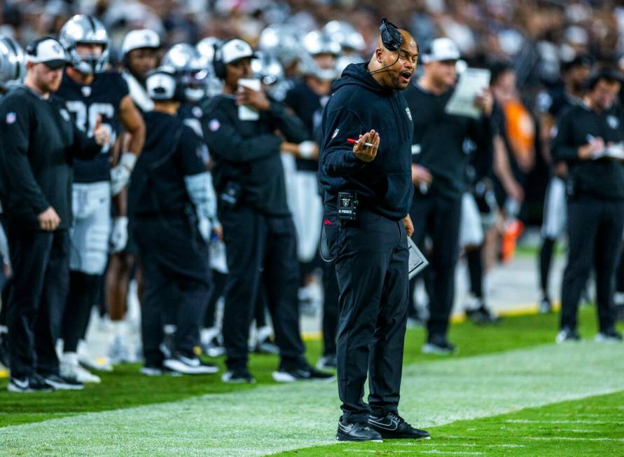 Raiders head coach Antonio Pierce is a bit frustrated on the sidelines against the Dallas Cowbo ...