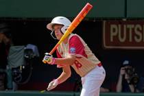 Henderson, Nev.'s Wyatt Erickson watches his double off Staten Island, N.Y.'s Stephen Grippo du ...