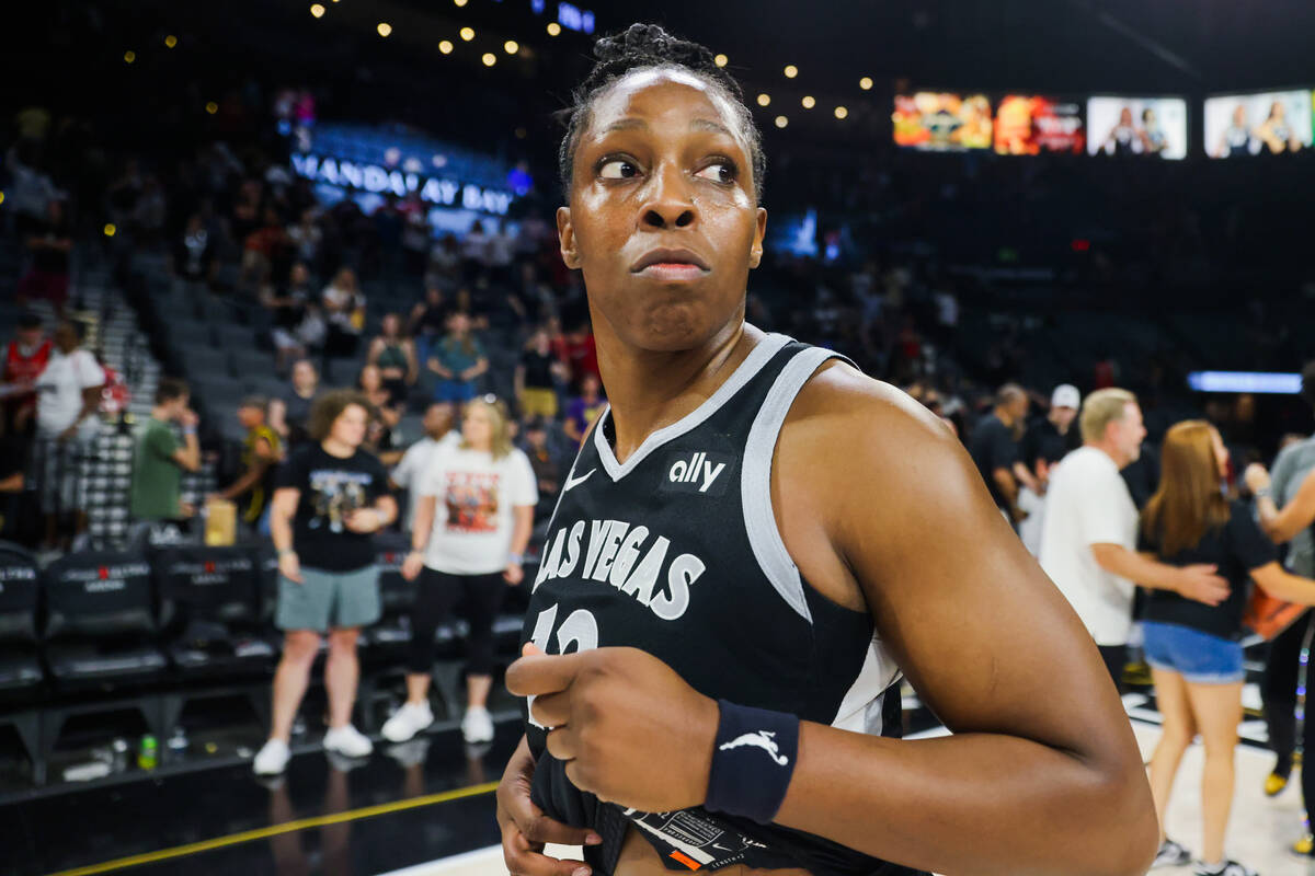 Aces guard Chelsea Gray (12) walks off the court after a WNBA basketball game between the Aces ...