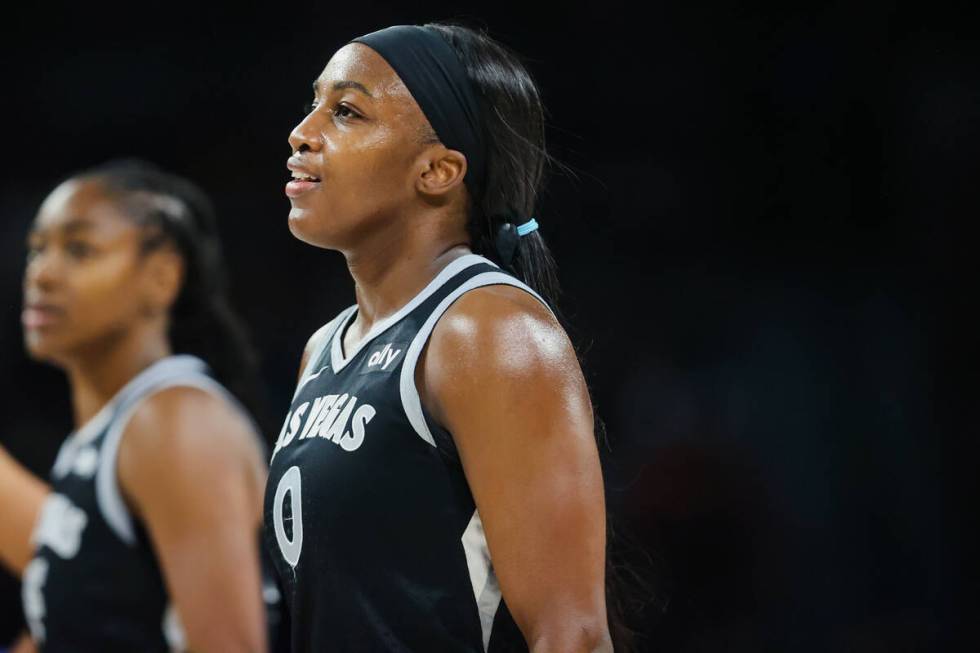 Aces guard Jackie Young (0) smiles during a WNBA basketball game between the Aces and the Los A ...