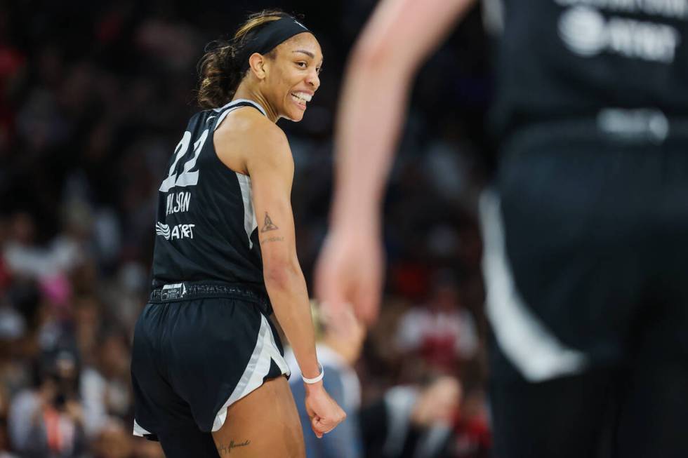 Aces center A'ja Wilson (22) gets amped up during a WNBA basketball game between the Aces and t ...