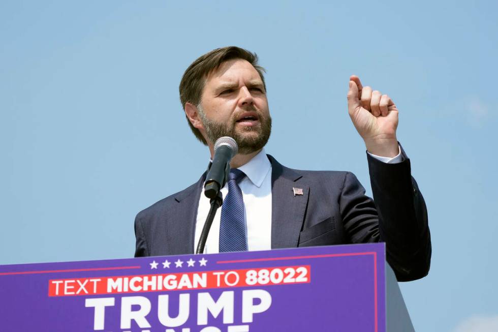 Republican vice presidential nominee Sen. JD Vance, R-Ohio speaks at a campaign event, Wednesda ...