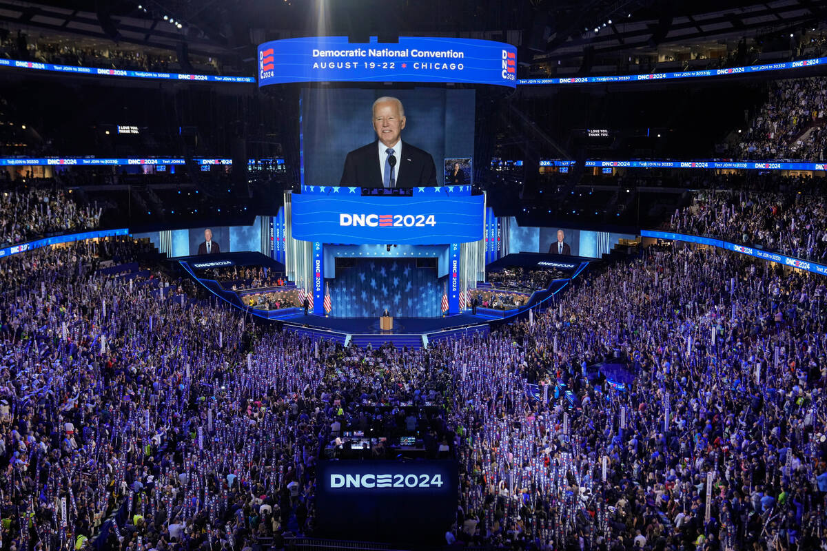 President Biden speaks during the Democratic National Convention Monday, Aug. 19, 2024, in Chic ...