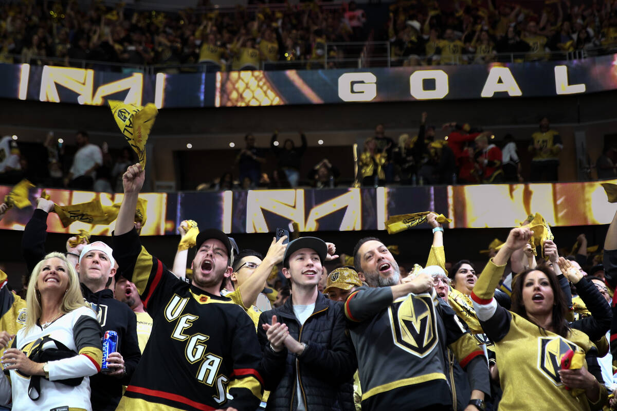 Golden Knights fans celebrate a goal during the third period in Game 6 of an NHL hockey Stanley ...