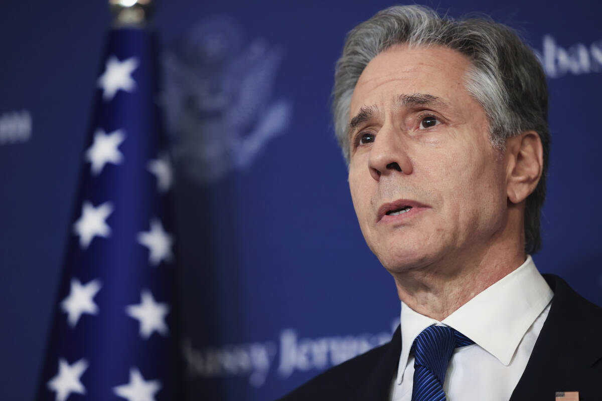 U.S. Secretary of State Antony Blinken speaks to media at the David Kempinski Hotel in Tel Aviv ...